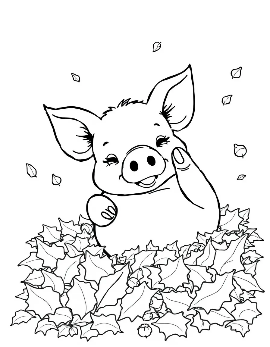 A pig rolling playfully in a pile of autumn leaves