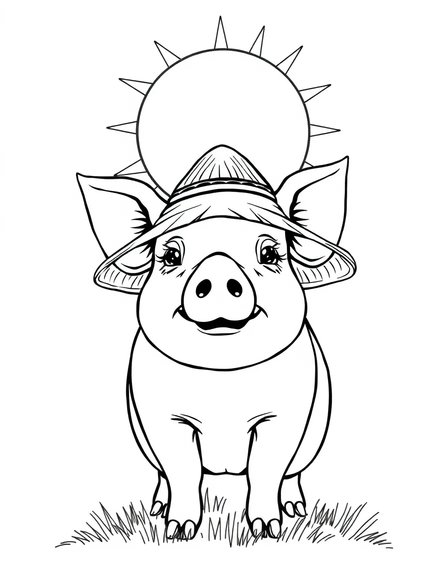 A pig wearing a small straw hat against the summer sun