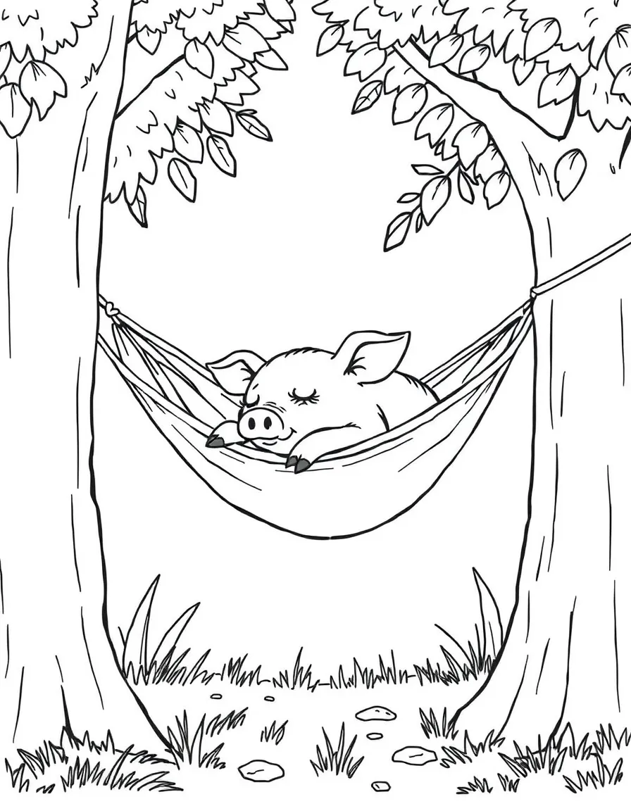 A pig sleeping in a hammock stretched between two trees