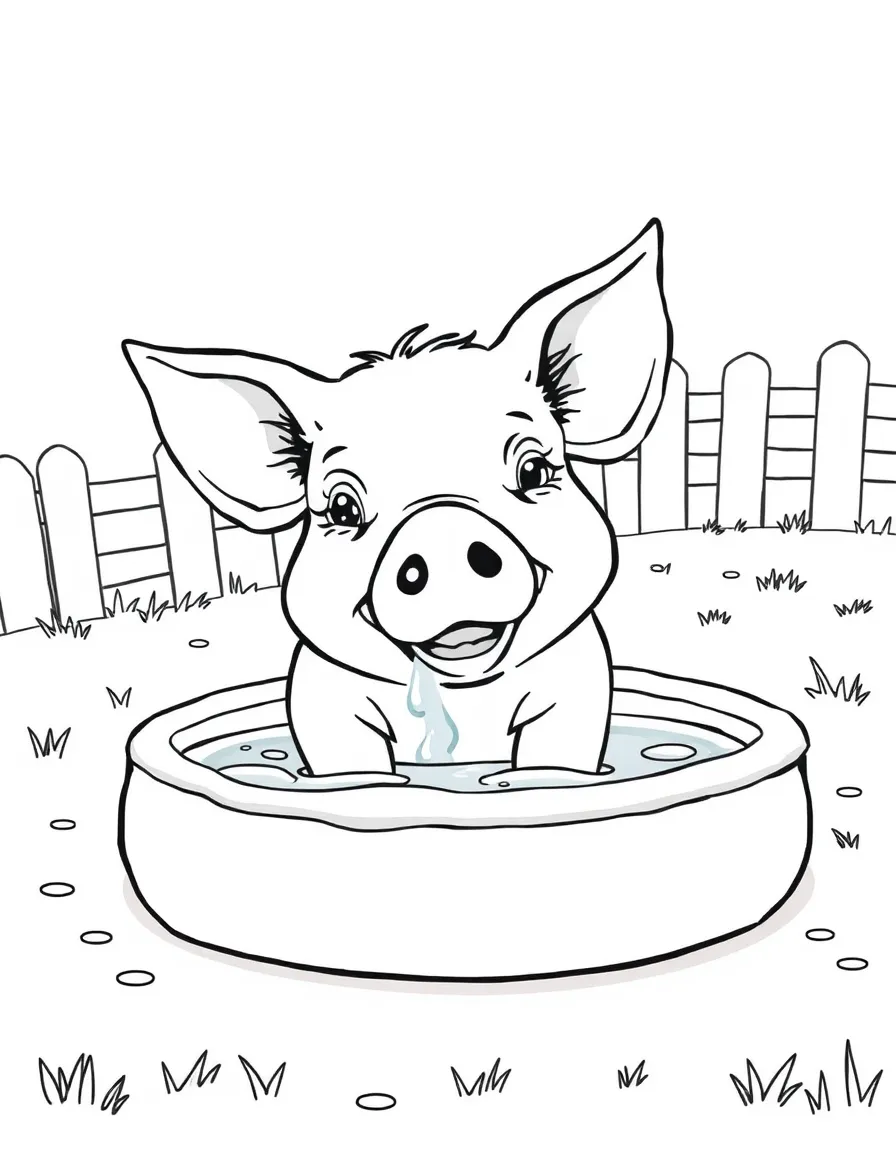 A pig cooling off in a shallow kid's pool on the farm