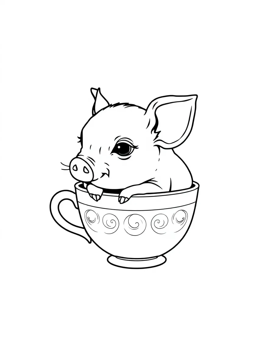 A teacup pig sitting in an actual teacup as a size comparison