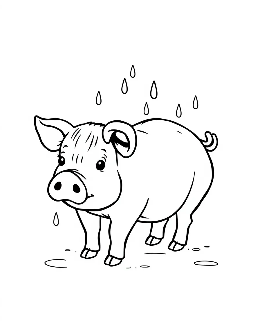 A pig with raindrops glistening on its back after a shower