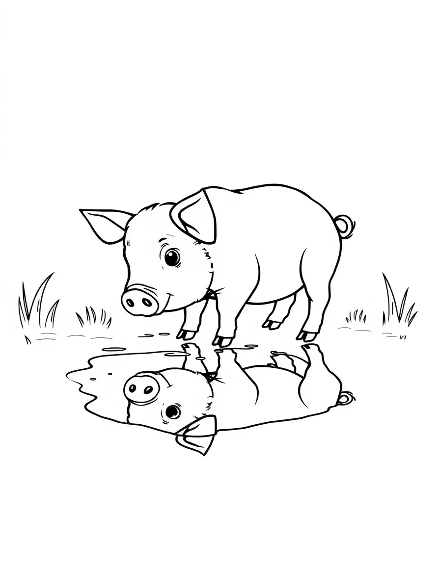 A pig looking at its reflection in a puddle after rain