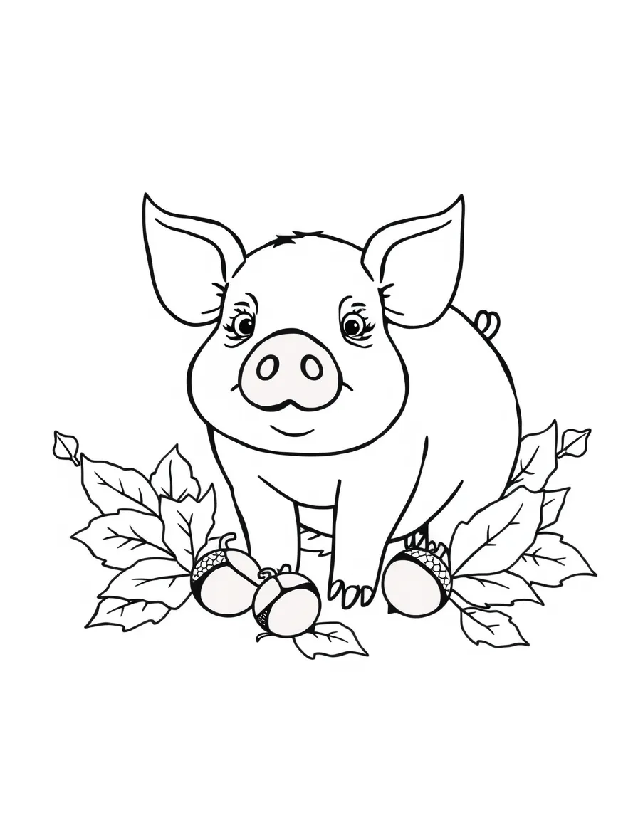 A pig surrounded by fallen autumn leaves and acorns