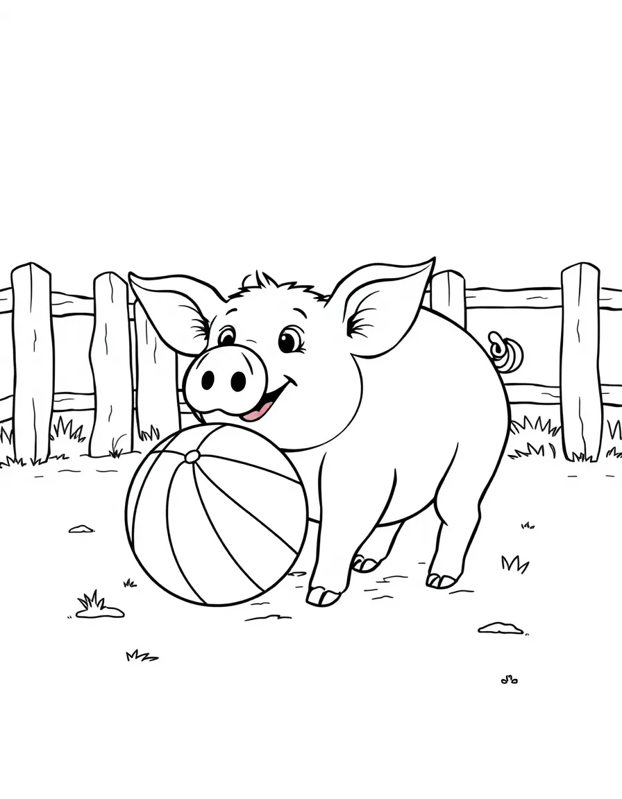 A pig playing with a beach ball in a pen on a summer day