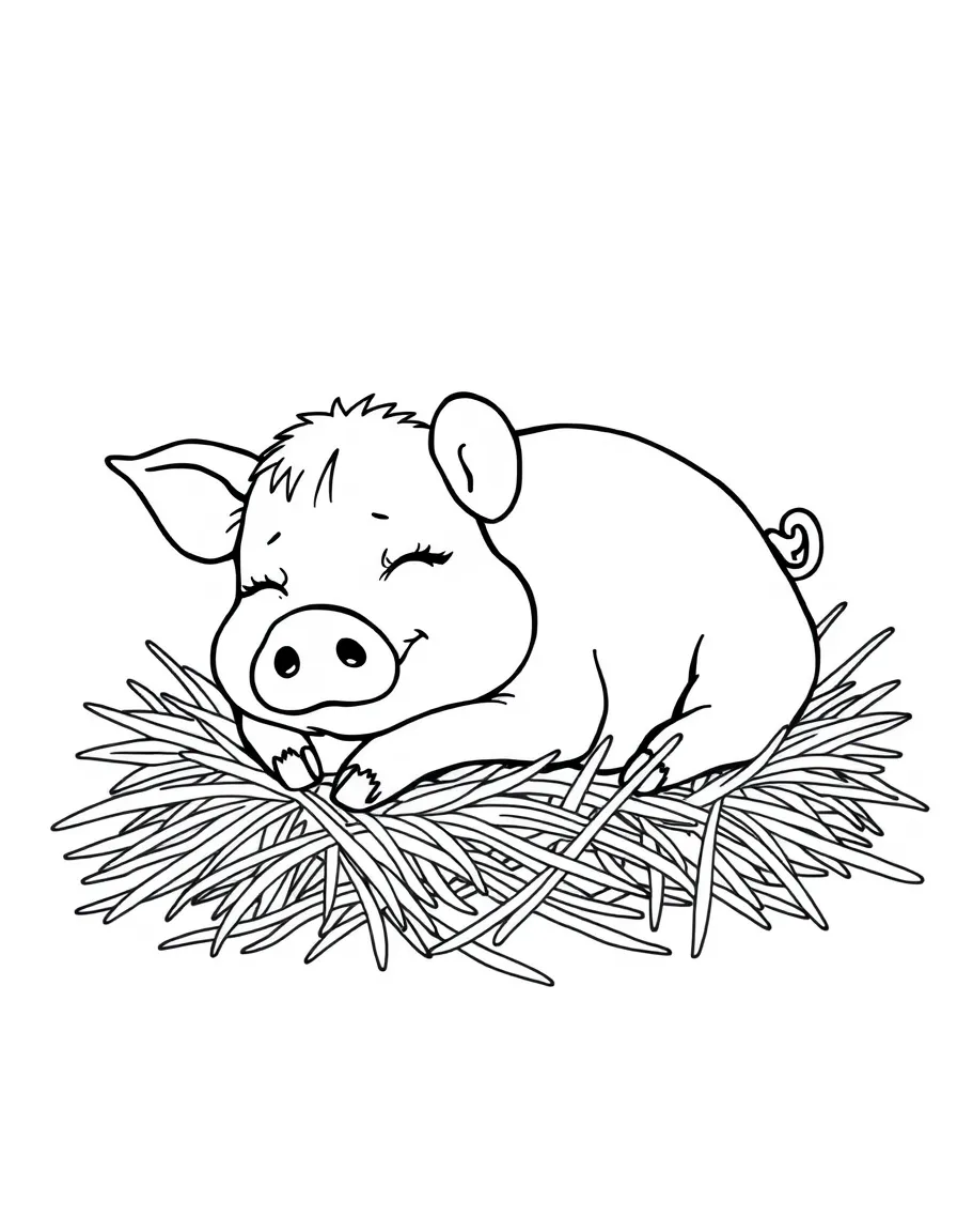 A pig asleep on a bed of fresh straw with a content expression