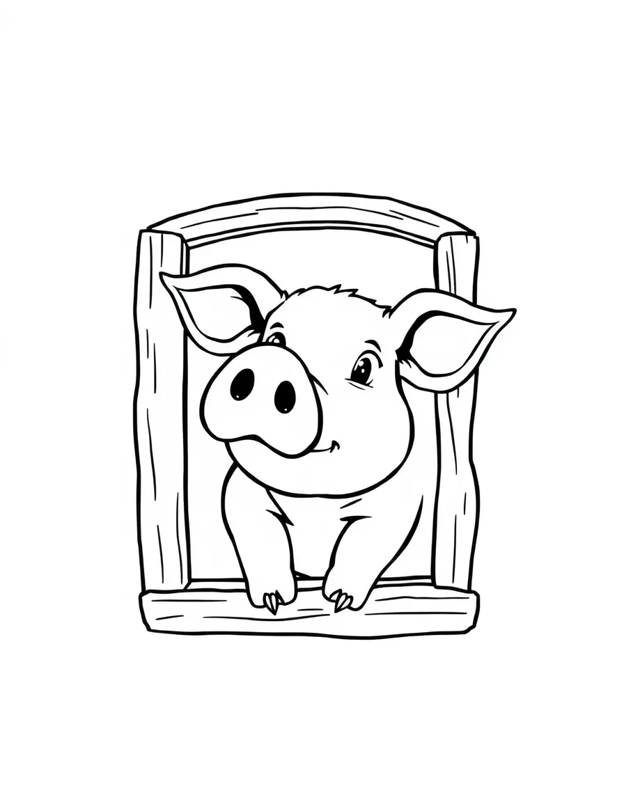 A pig with its head sticking out of a barn window
