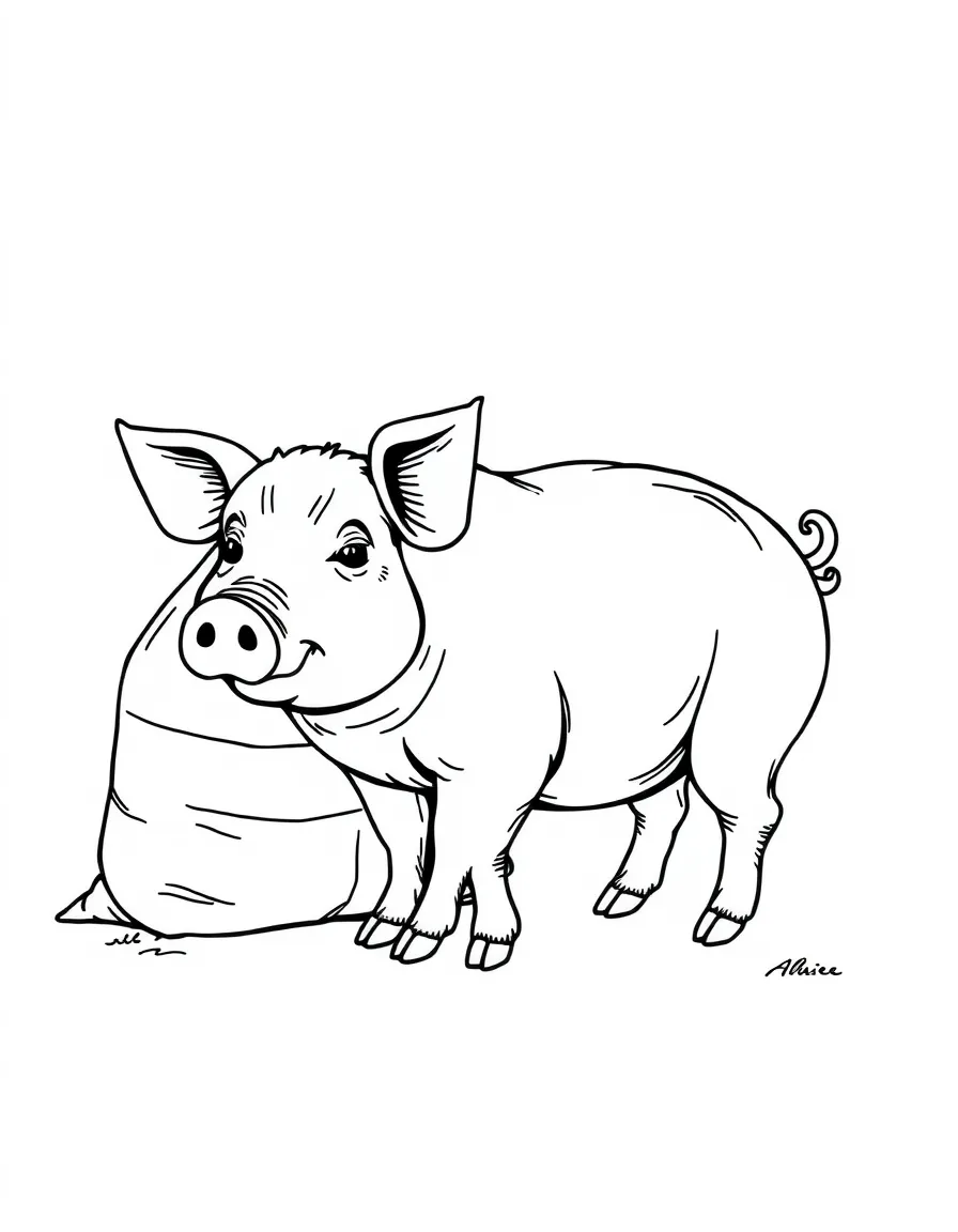 A pig standing next to an old-fashioned feed sack