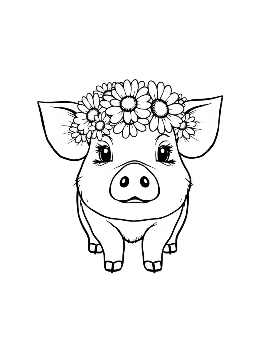 A pig wearing a flower crown made of daisies and clover