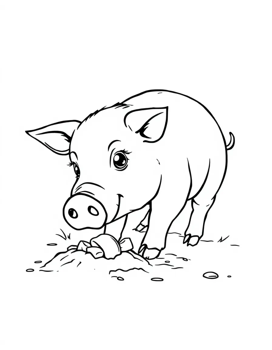 A pig using its snout to dig up treats hidden in the soil