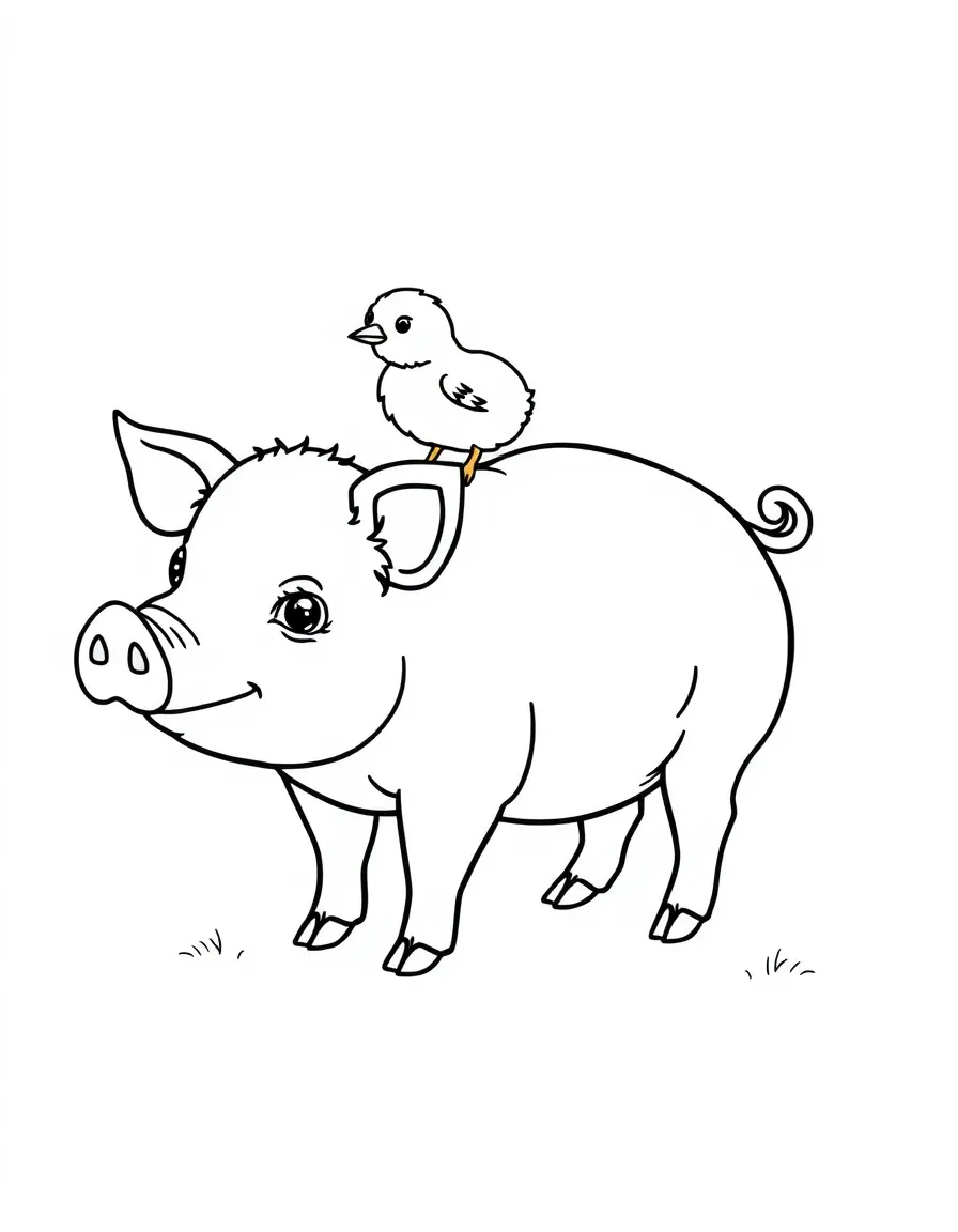 A pig with a baby chick perched on its back