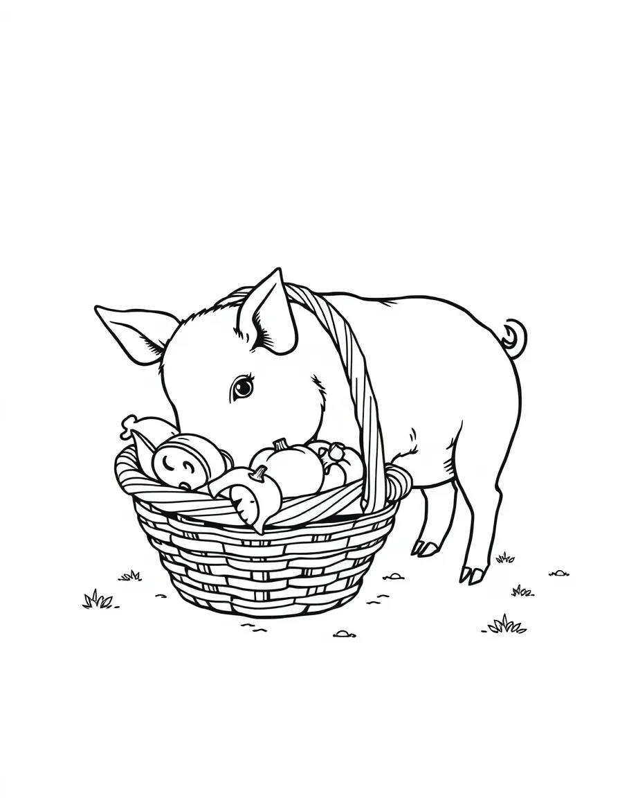 A pig investigating a basket of freshly harvested vegetables