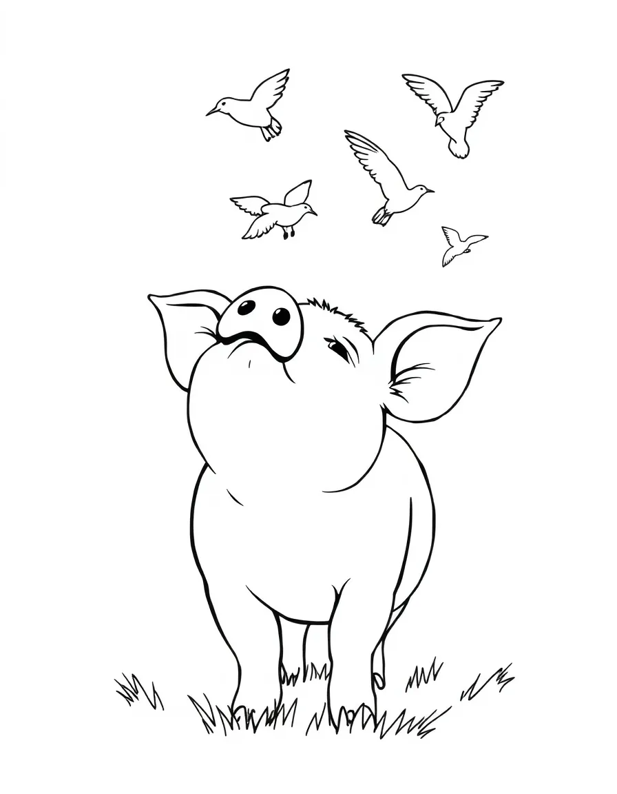 A pig looking up at birds flying overhead