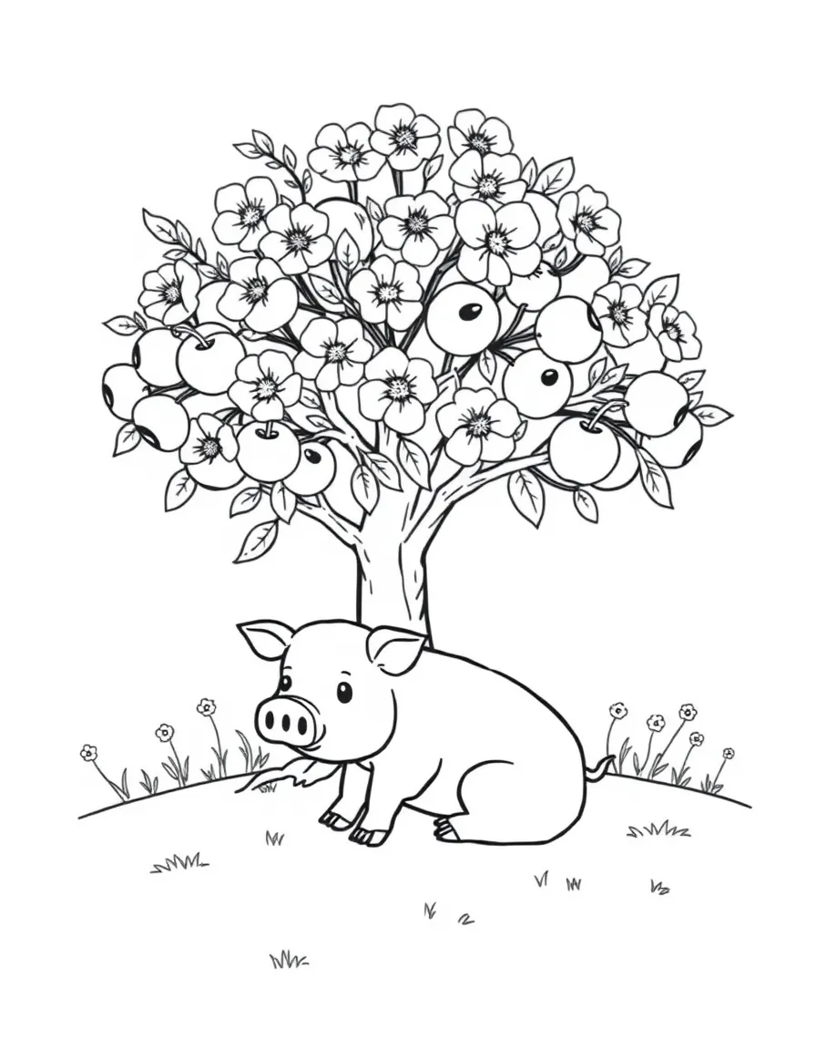 A pig sitting under a blooming apple tree in spring