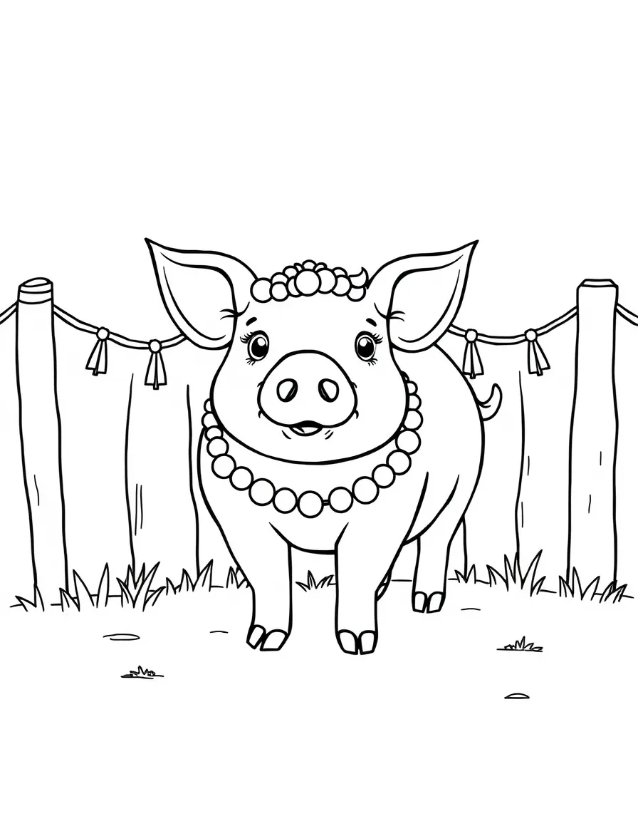 A pig in a pen decorated with garlands for a festival