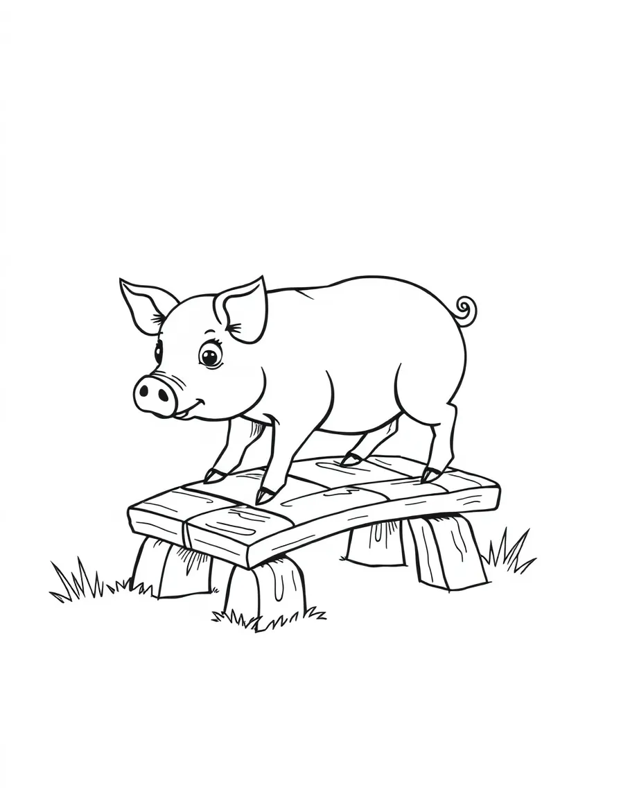 A pig walking carefully across a small wooden bridge