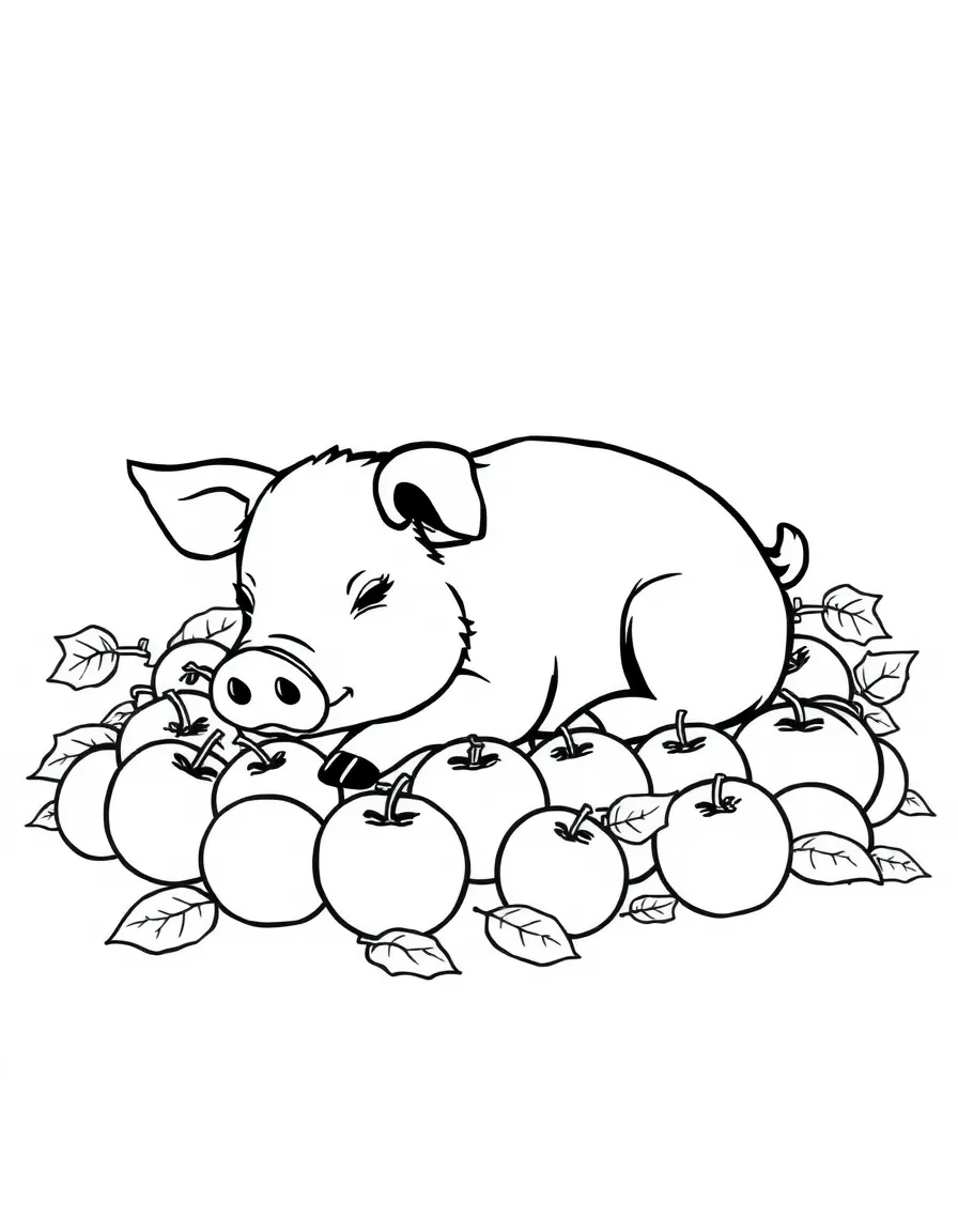 A pig resting in a pile of fallen autumn apples