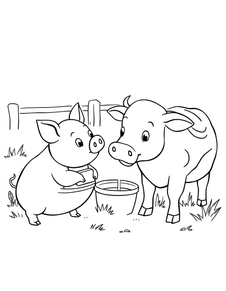 A pig watching the farmer milk a cow with interest
