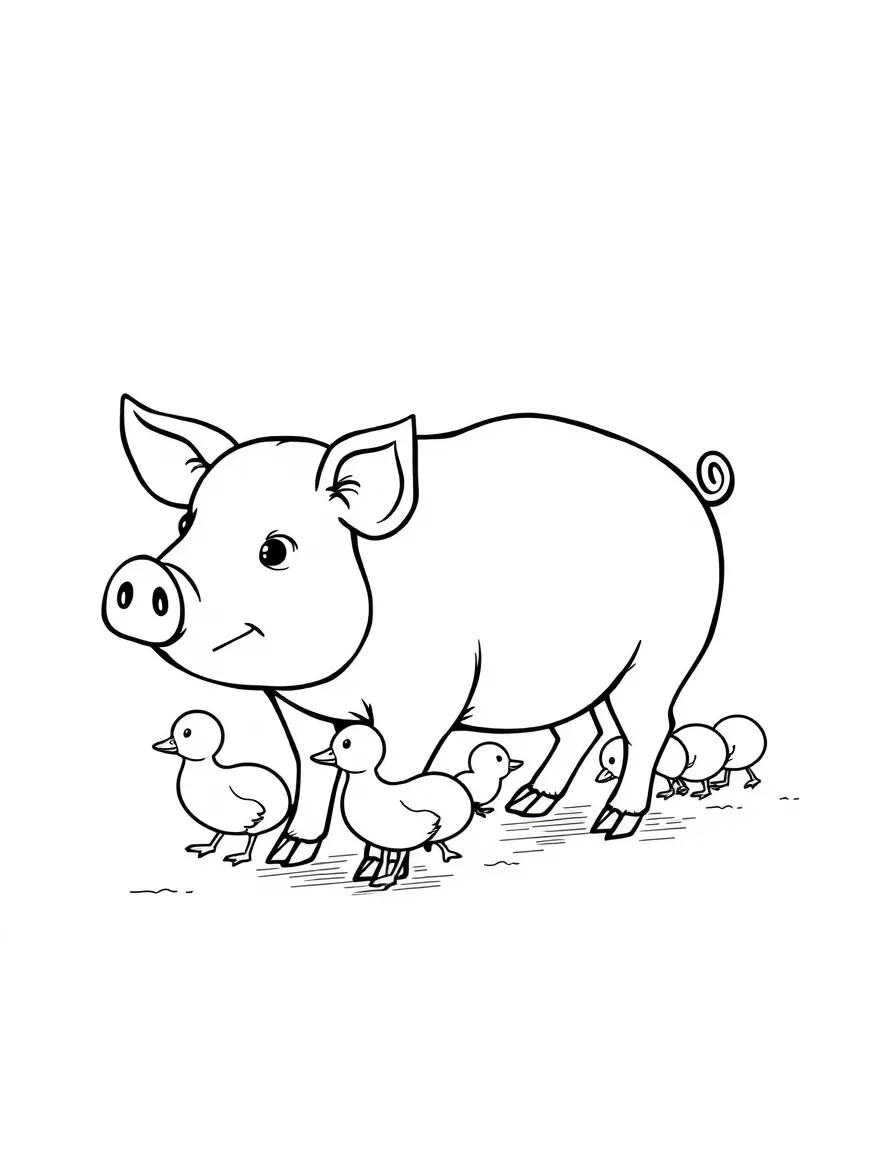 A pig with a trail of baby ducklings following behind it
