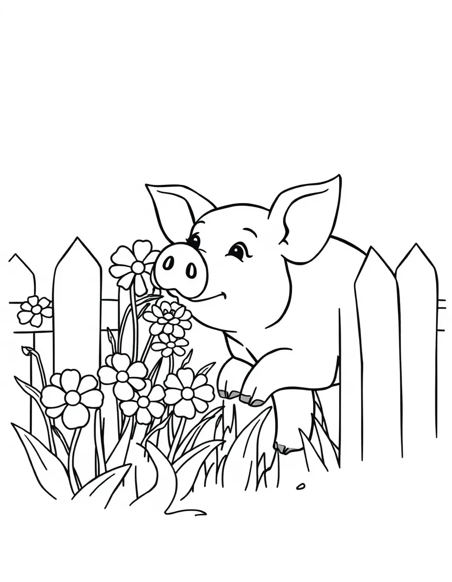 A pig smelling flowers through a garden fence