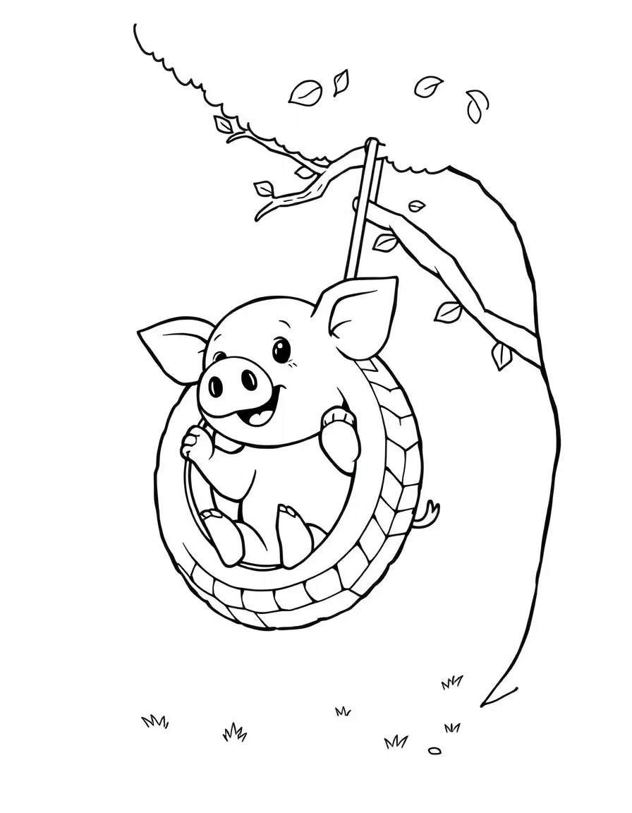 A pig playing with a tire swing hanging from a tree