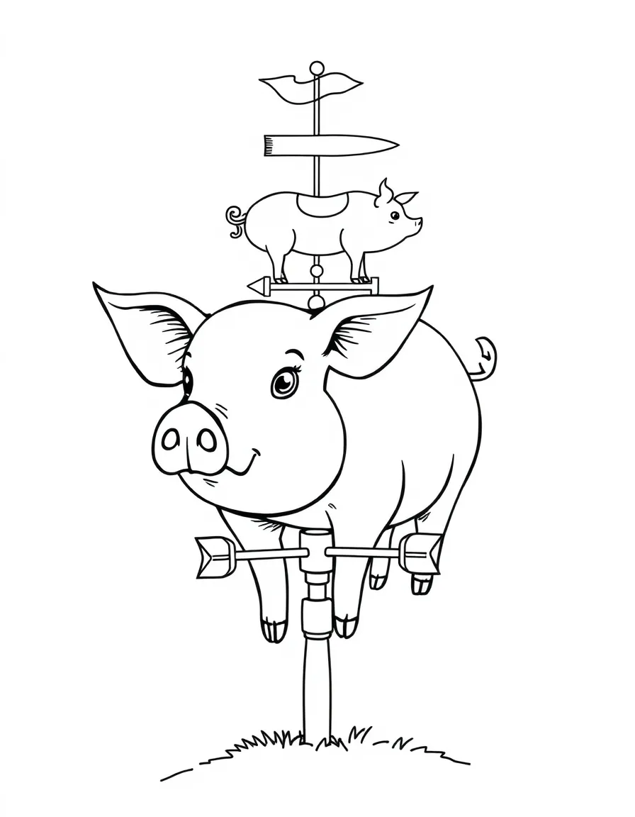 A pig with a weathervane shaped like a pig in the background