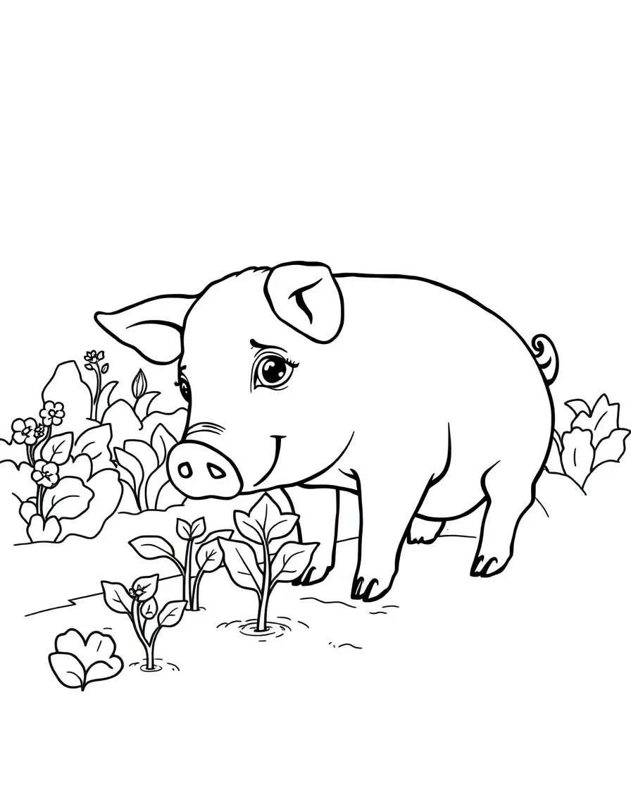 A pig examining vegetable seedlings in the garden