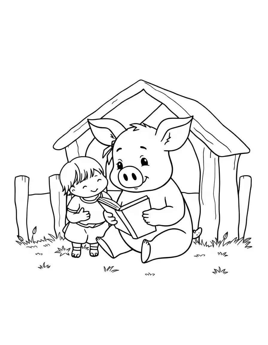 A pig with children reading a book beside its pen