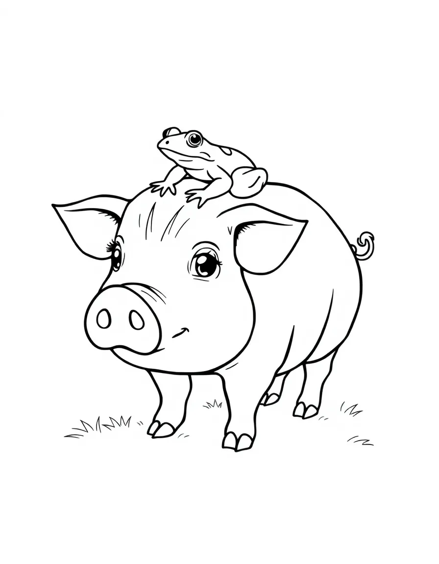 A pig with a small frog sitting on top of its head