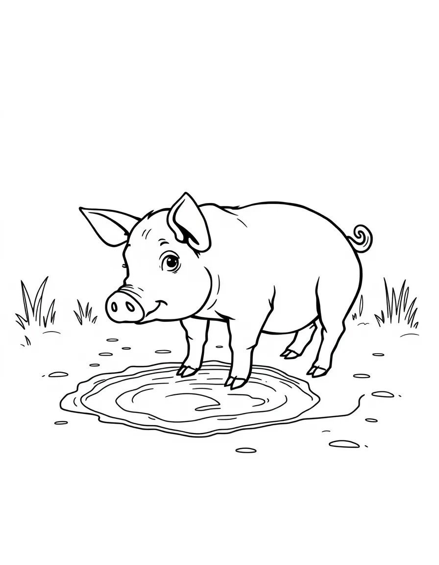 A pig contemplating a large mud puddle after rain