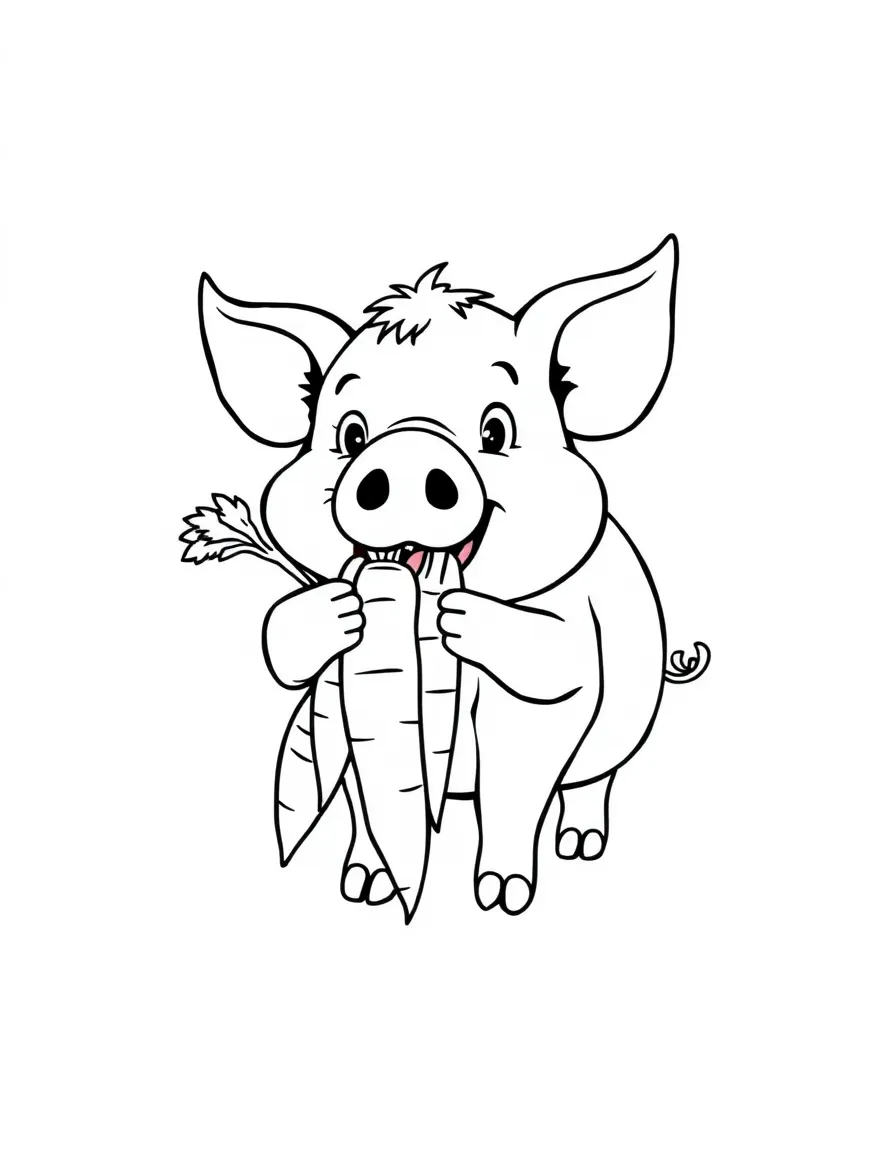A pig holding a bunch of carrots in its mouth