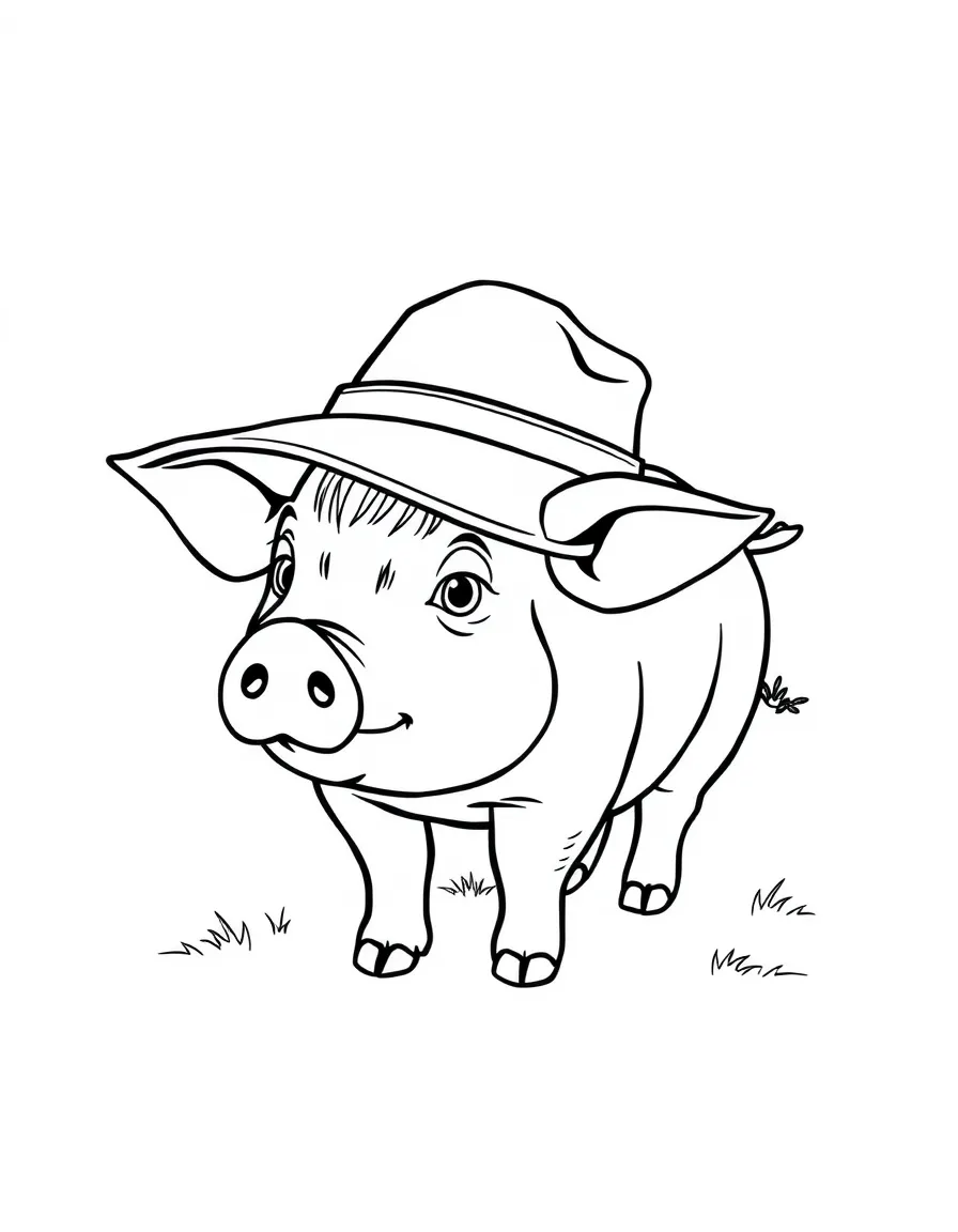 A pig with a farmer's hat that has fallen onto its head