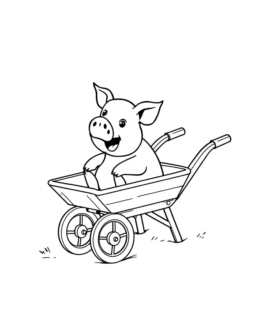 A pig sitting in a wheelbarrow being given a ride
