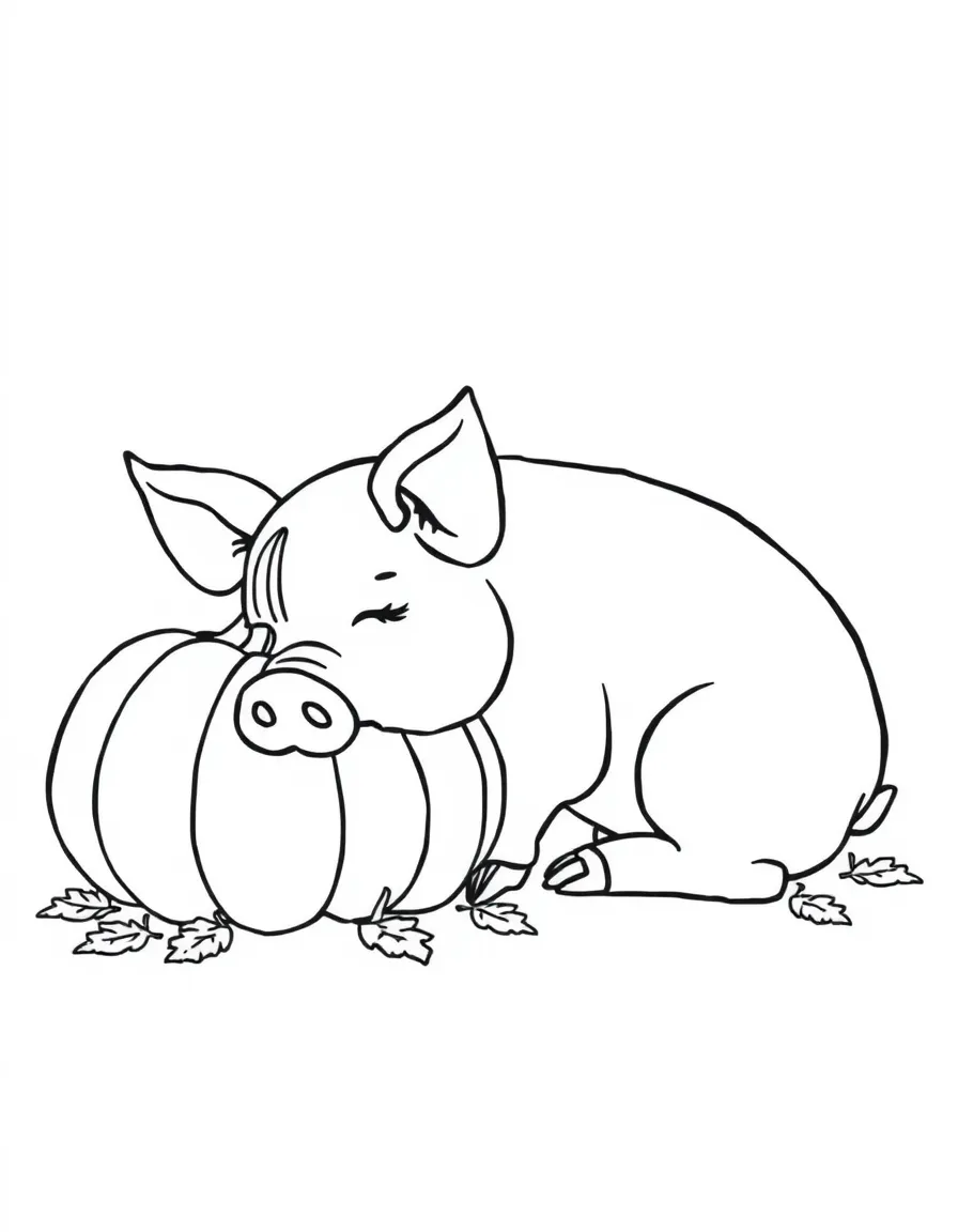 A pig sleeping next to a pumpkin in the fall