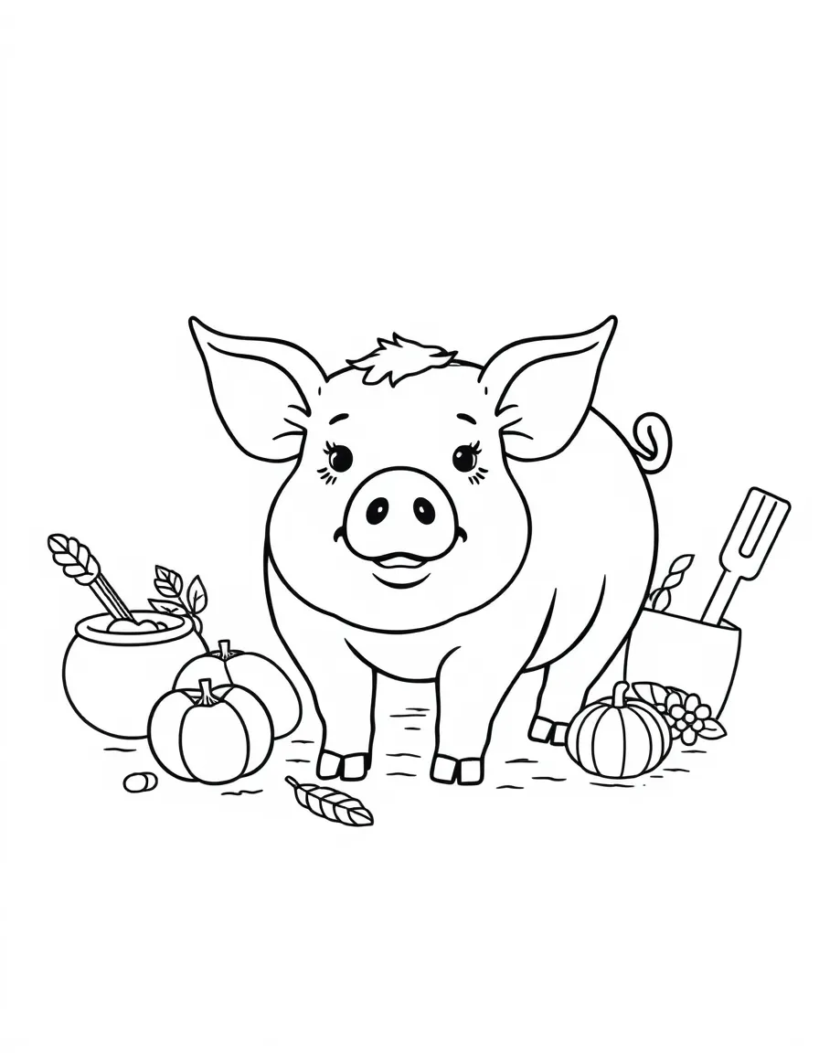 A pig with country kitchen elements arranged around it