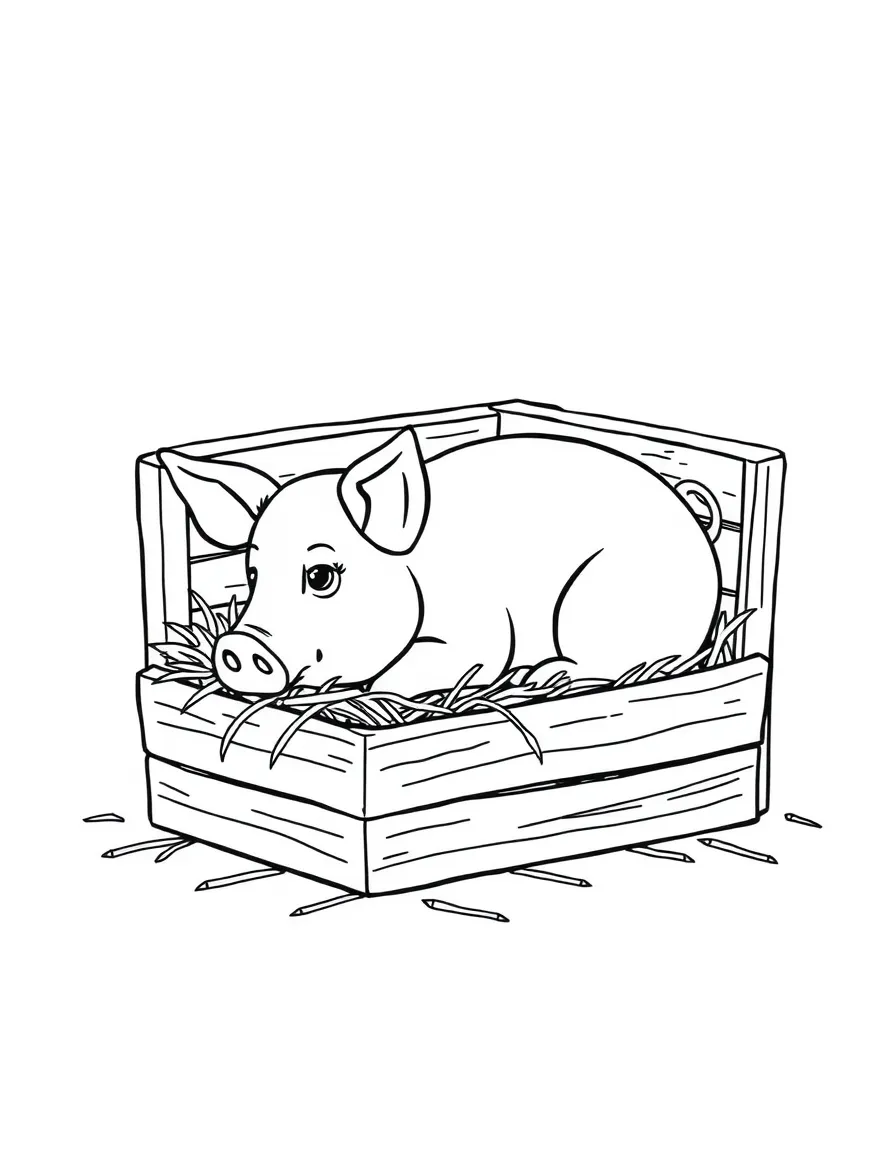 A pig nestled in a large wooden crate lined with straw