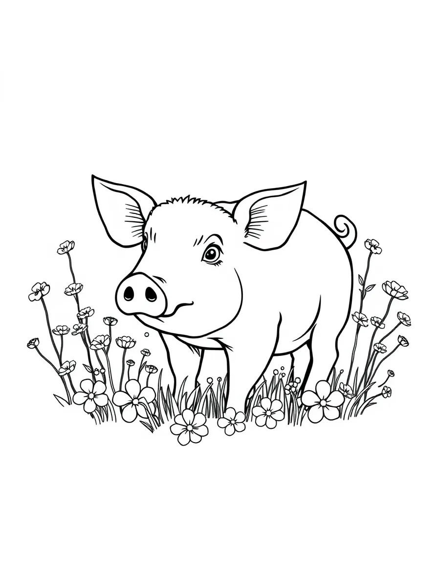 A pig surrounded by a border of clover and wildflowers