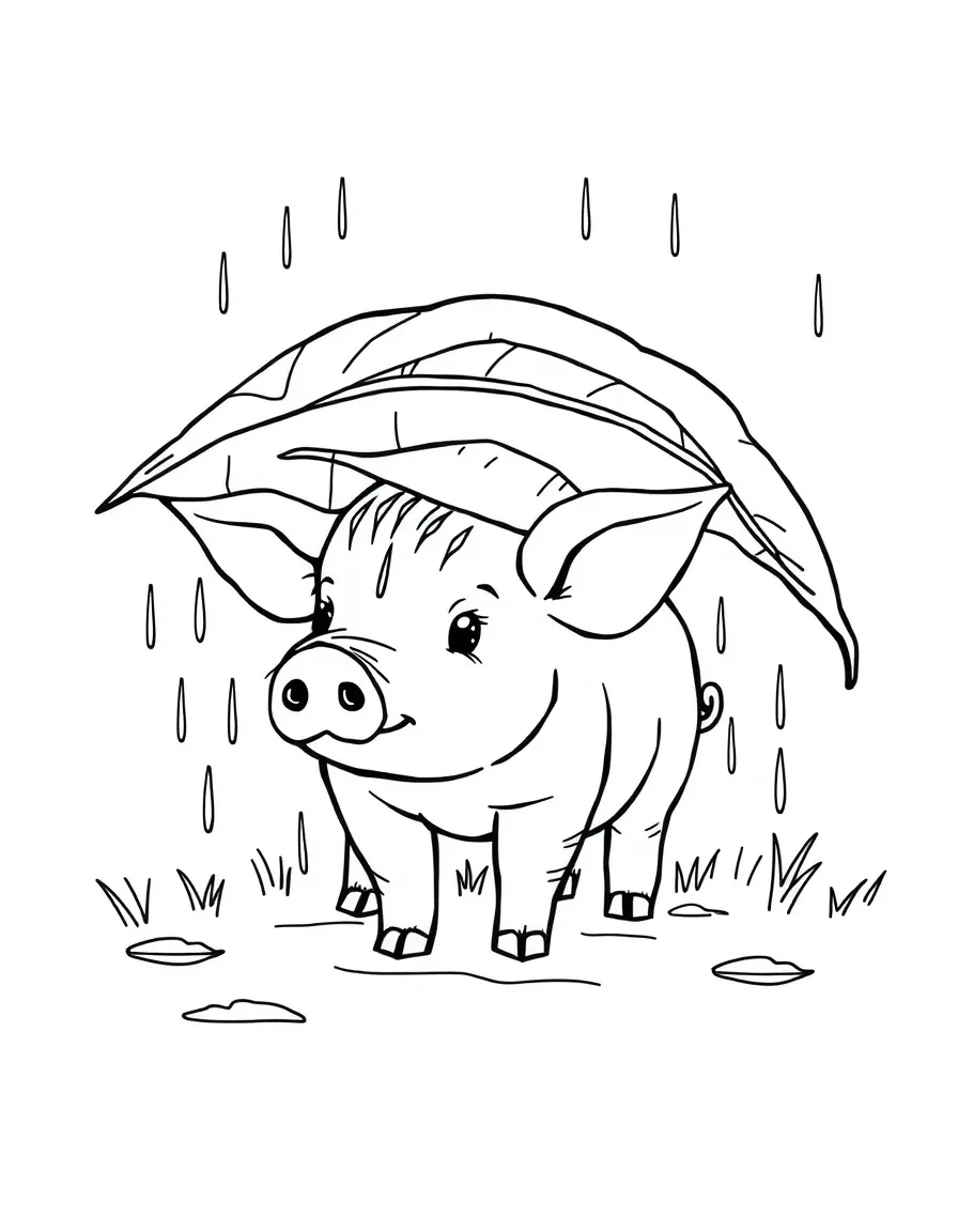 A pig sheltering under a large leaf during a spring shower