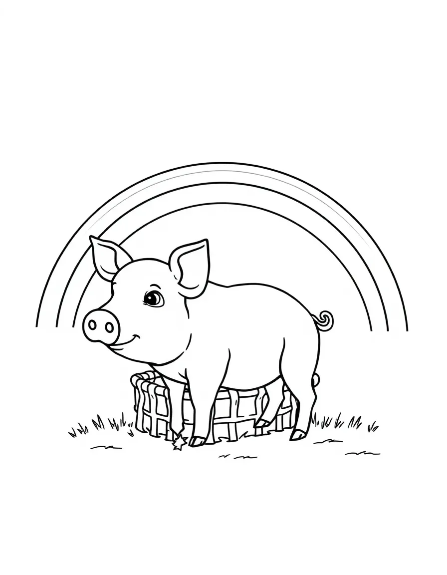 A pig with a magnificent rainbow arching over its pen