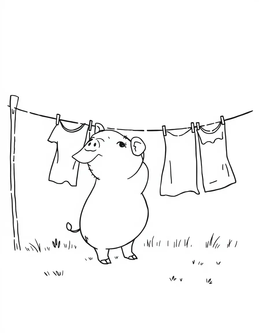 A pig watching clothes blowing on a washing line