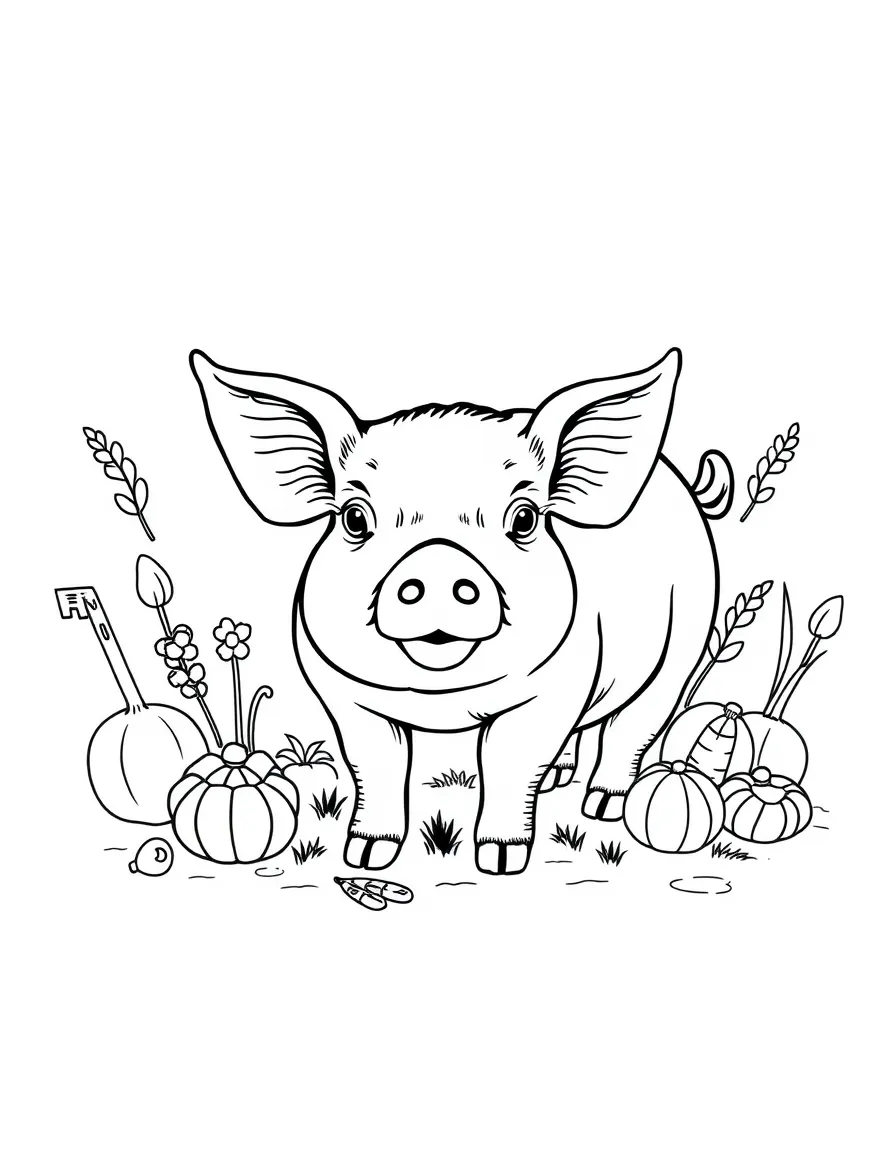 A pig with vintage farming elements arranged around it