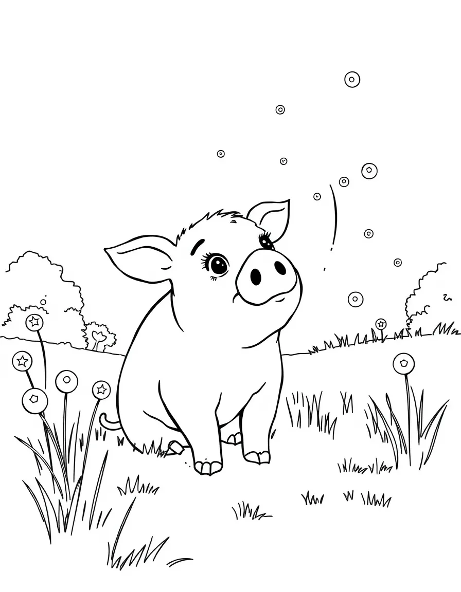 A pig watching fireflies on a summer evening