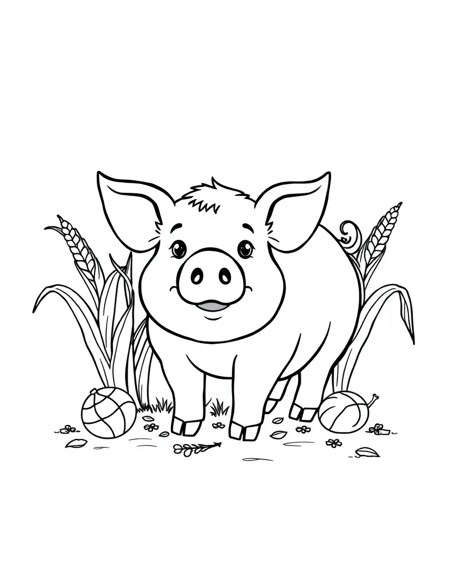 A pig with corn stalks and harvest elements around it