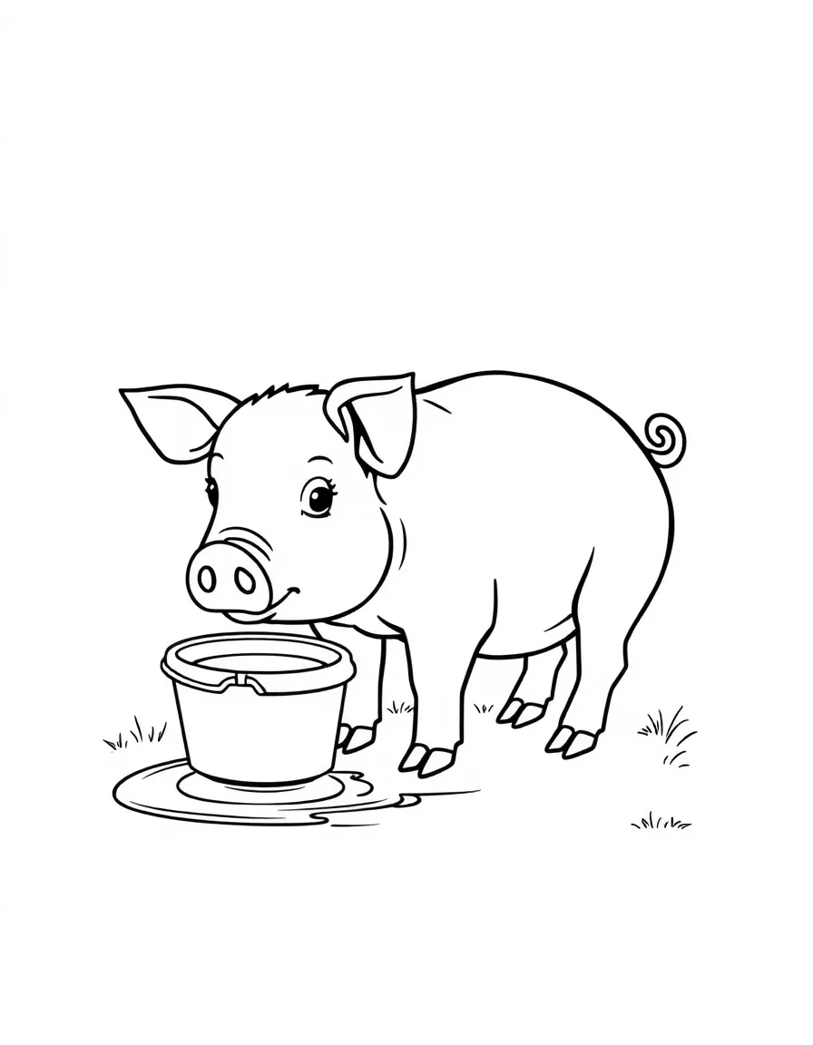 A pig with the moon reflecting in a water bucket nearby