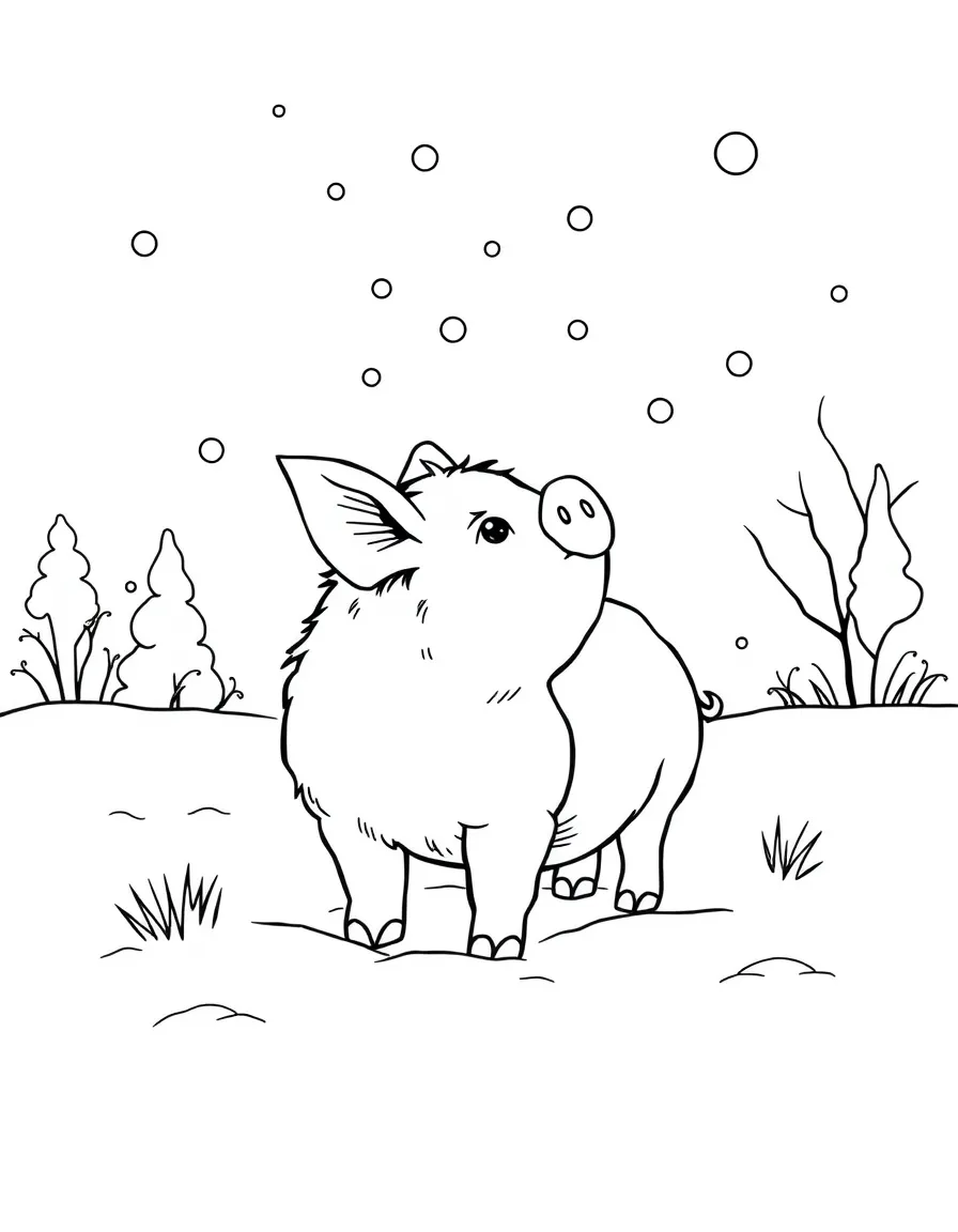 A pig watching the first snowfall of winter