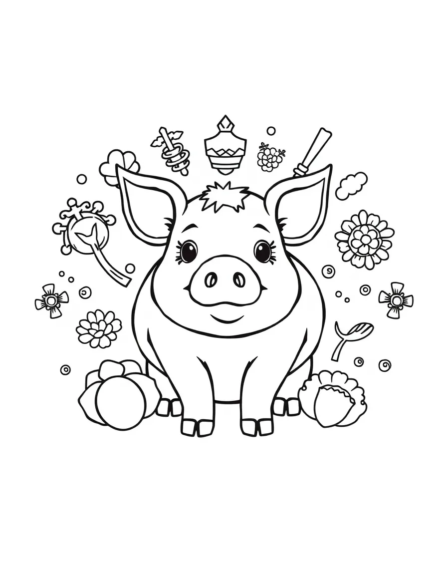 A pig surrounded by symbols of good fortune