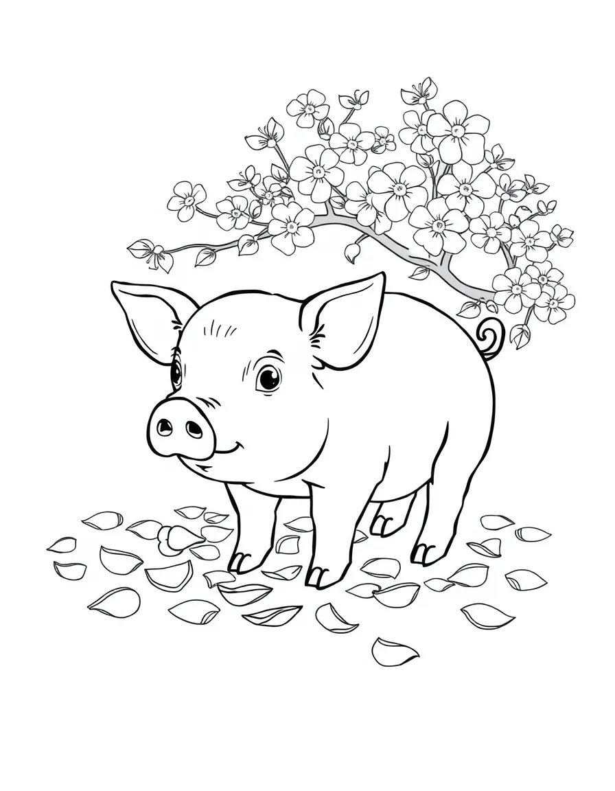 A pig surrounded by fallen petals from a blooming tree