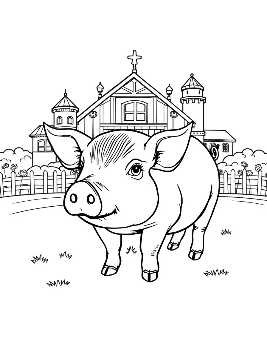 A pig with elaborate farm architecture in the background