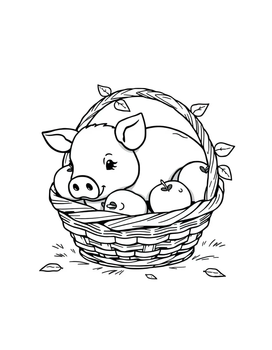 A pig nestled in a basket of fresh apples