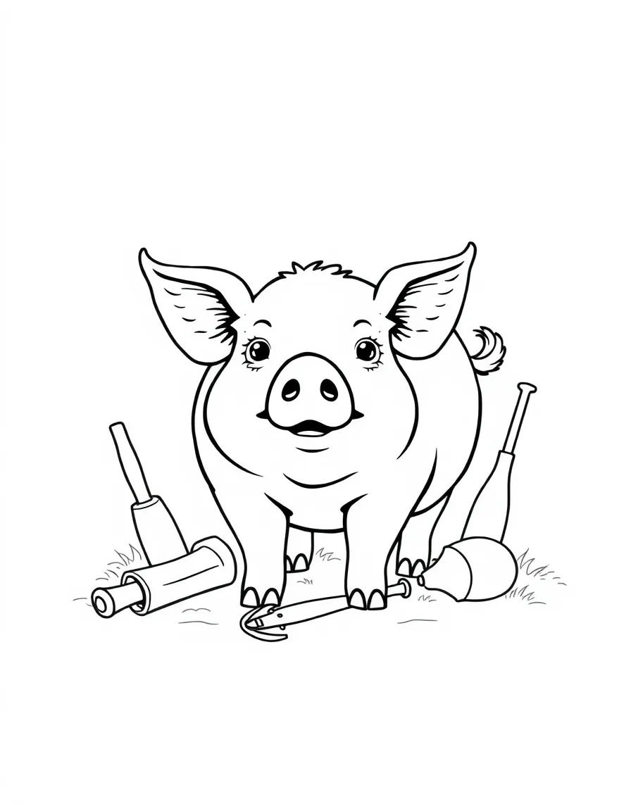 A pig with old-fashioned farming tools arranged around it